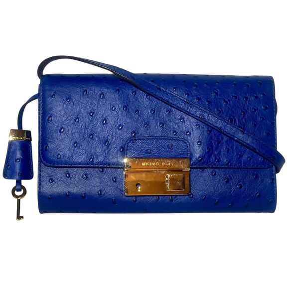 Michael Kors Blue Ostrich Embossed Leather Convertible Clutch Shoulder Bag w/Key - Picture 1 of 12